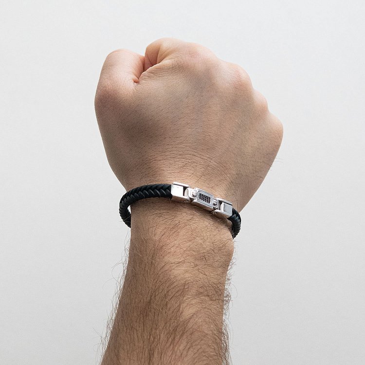 Каучуковий браслет з білого золота з фіанітами б03995 від ювелірного магазину Онікс - 1