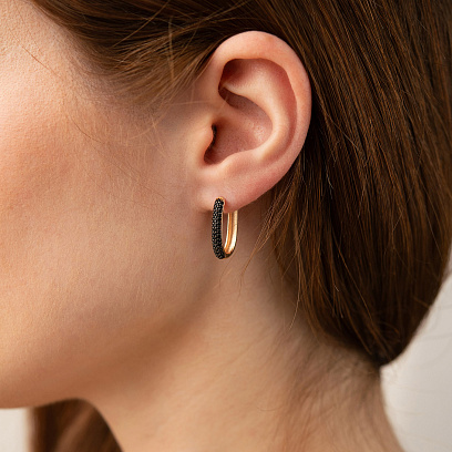 Золотые серьги "Овальные" с черными фианиты с09464 №2