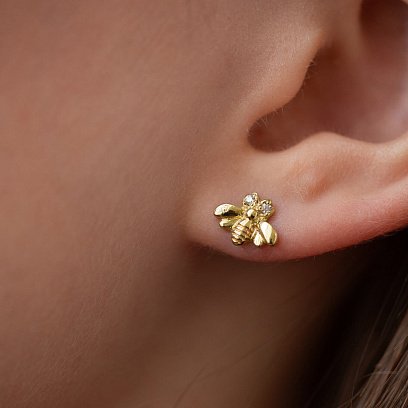 Сережки - пусети "Бджілки" у жовтому золоті (фіаніти) с08570 №5