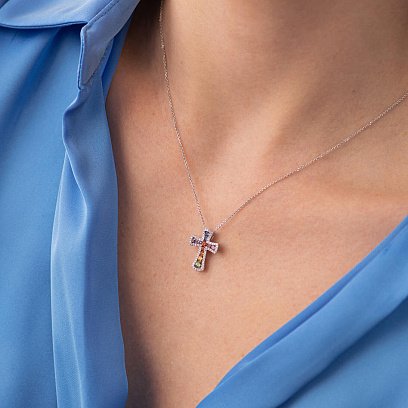 Золоте кольє з хрестиком (різнокольорові сапфіри та діаманти) колб0100mi №8