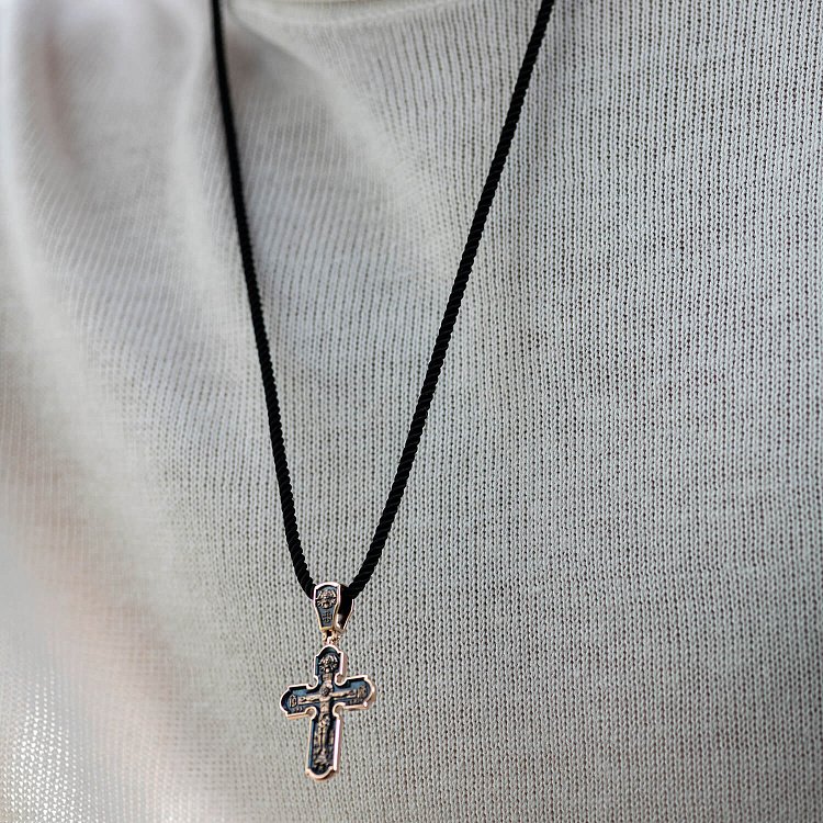 Православный золотой крест "Распятие Христово. Спас Нерукотворный. Икона Божией Матери знамение. Святитель Николай" п02699 от ювелирного магазина Оникс - 1