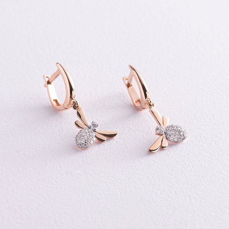 Золотые серьги "Стрекозы" с фианитами с04854 от ювелирного магазина Оникс