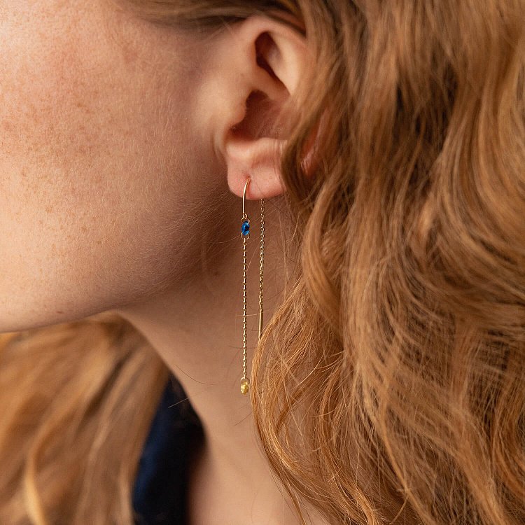 Золоті сережки - протяжки "Українка" (блакитні та жовті фіаніти) с08103 від ювелірного магазину Онікс - 2