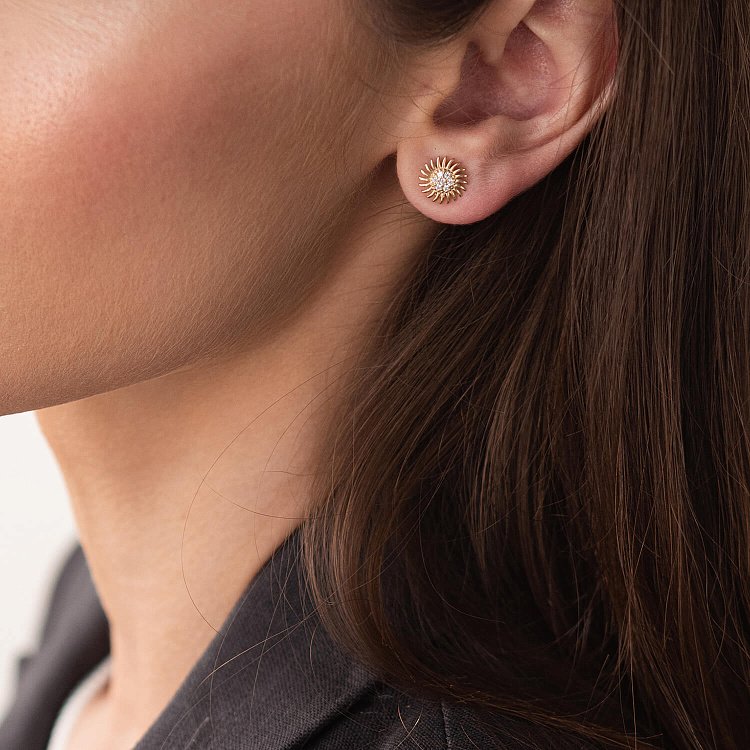 Сережки - пусети "Соняшники" у жовтому золоті (фіаніти) с08004 від ювелірного магазину Онікс - 1