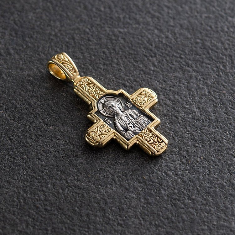 Серебряный крест с позолотой. '' Господь Вседержитель. Великомученик Пантелеимон Целитель" 132463 от ювелирного магазина Оникс - 2