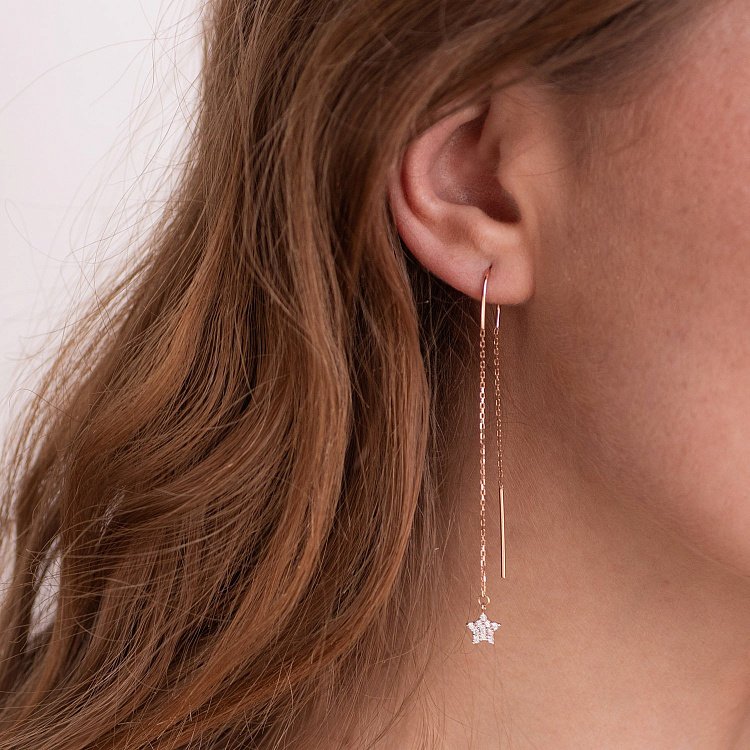 Золоті сережки - протяжки "Зірки" з фіанітами с05280 від ювелірного магазину Онікс - 1