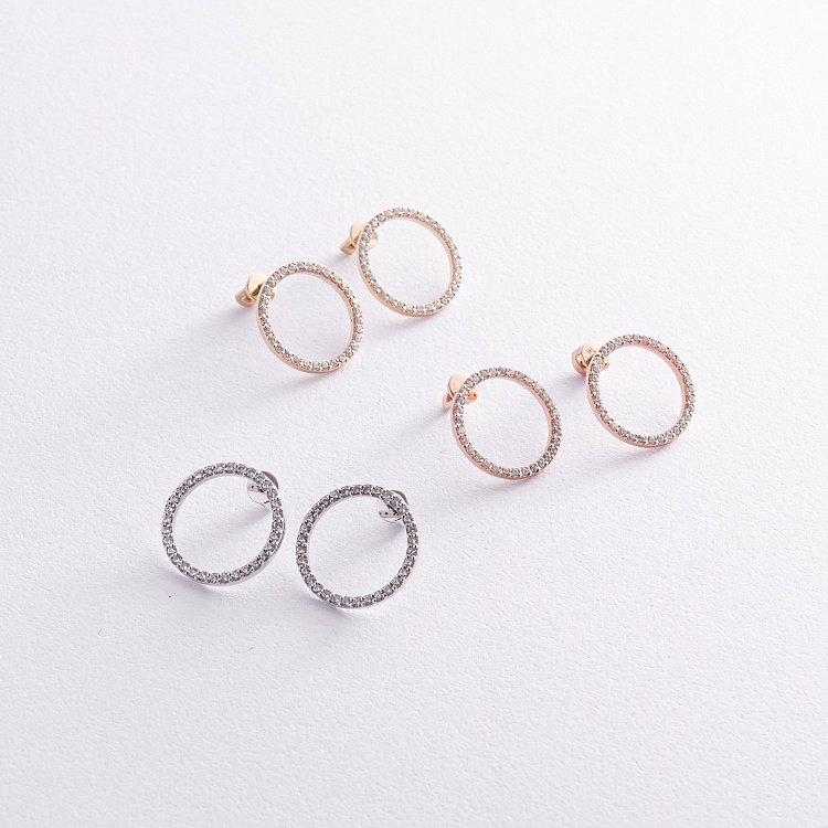 Сережки - пусети "Кругообіг" з фіанітами 1.6 см (жовте золото) с08376 від ювелірного магазину Онікс - 3