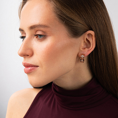 Сережки - кільця "Конюшина" в червоному золоті (фіаніти) с09540 №3