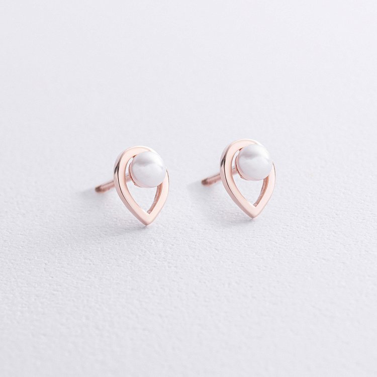 Сережки - пусети "Крапельки" з перлами (червоне золото) с09054 від ювелірного магазину Онікс