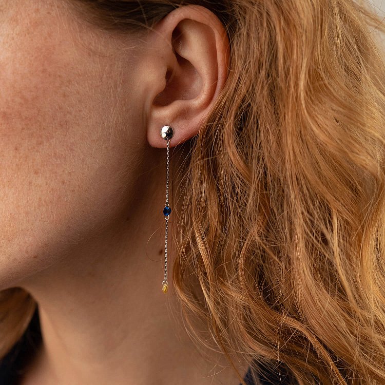 Висячие золотые серьги - пусеты "Украинка" (голубые и желтые фианиты) с08101 от ювелирного магазина Оникс - 1