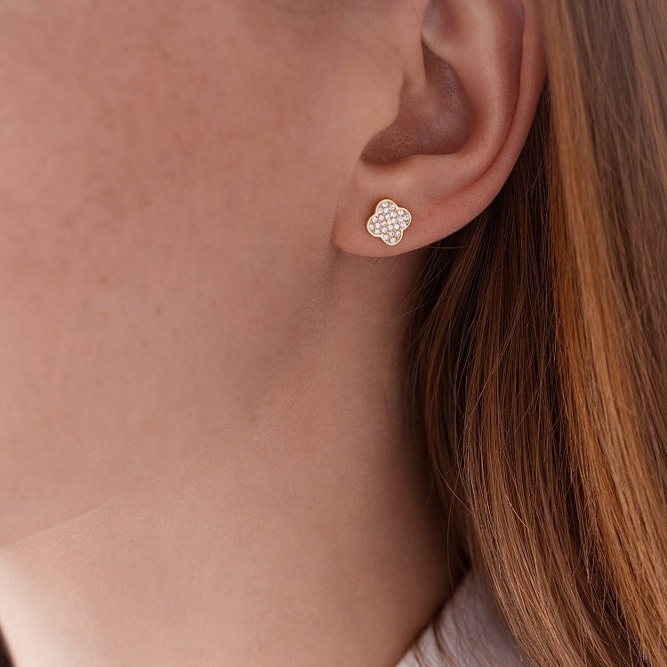 Золотые серьги - пусеты "Клевер" (фианиты) с07890 от ювелирного магазина Оникс - 7