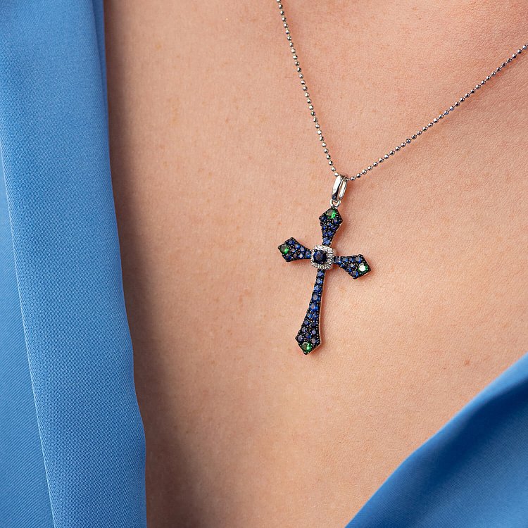 Золотой крестик (сапфир, бриллиант, уваровит) пб0129gm от ювелирного магазина Оникс - 3