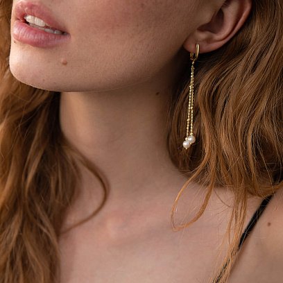 Золотые серьги с жемчугом на цепочке с07802 №11