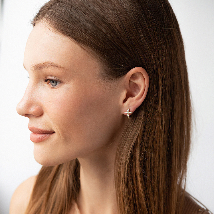 Серьги - кольца "Крестики" с фианитами (желтое золото) с09192 от ювелирного магазина Оникс - 1