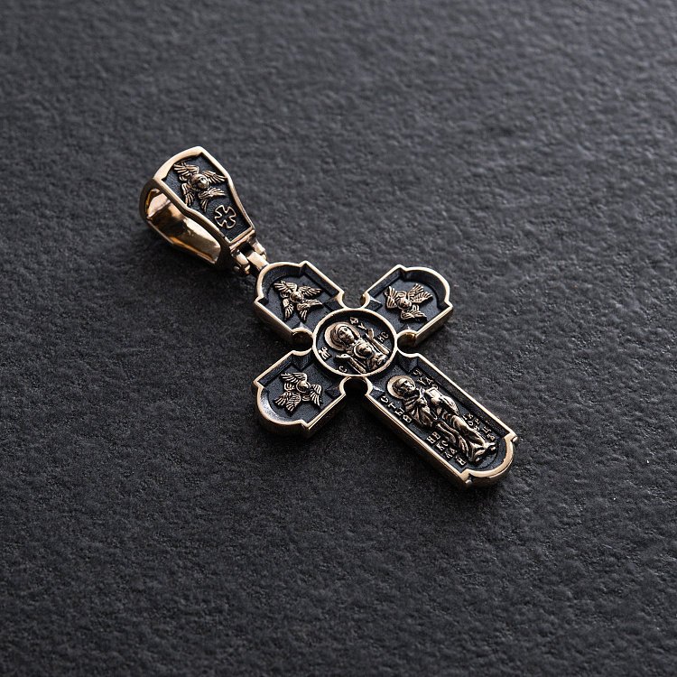 Православный золотой крест "Распятие Христово. Спас Нерукотворный. Икона Божией Матери знамение. Святитель Николай" п03908 от ювелирного магазина Оникс - 2