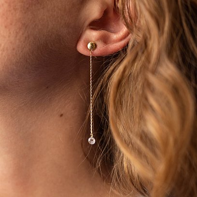 Серьги - пусеты "Фианит на цепочке" в желтом золоте с08021