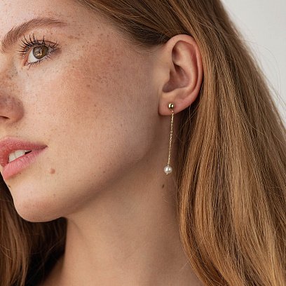 Сережки - пусети "Перлина на ланцюжку" у жовтому золоті с08360 №4