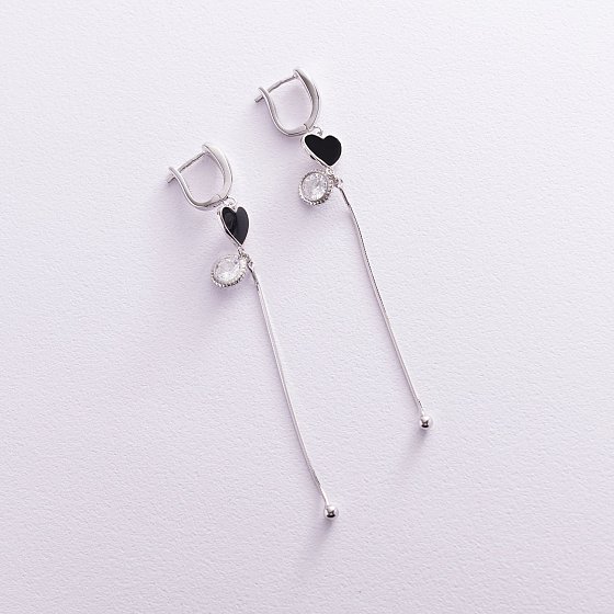 Серебряные серьги "Сердечки" (эмаль, фианит) 122789 №3