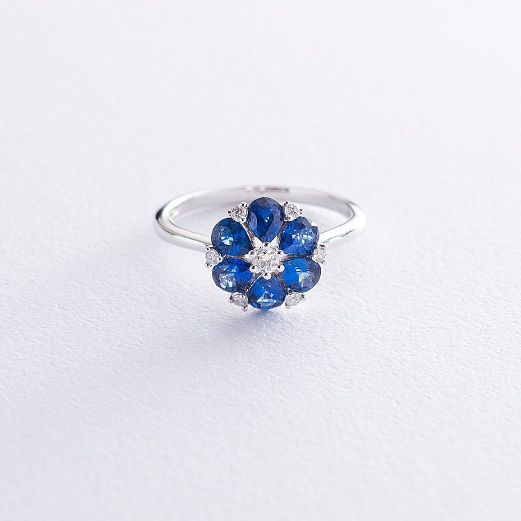 Золота каблучка з сапфірами і діамантами "Квітка" кб0090gm від ювелірного магазину Онікс