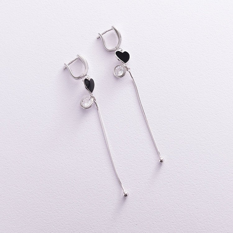 Серебряные серьги "Сердечки" (эмаль, фианит) 122789 от ювелирного магазина Оникс - 2