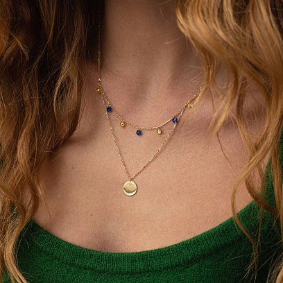 Двойное золотое колье "Украинка" с монеткой (синие и желтые фианиты) кол02325 №2