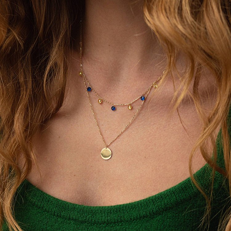 Двойное золотое колье "Украинка" с монеткой (синие и желтые фианиты) кол02325 от ювелирного магазина Оникс - 1