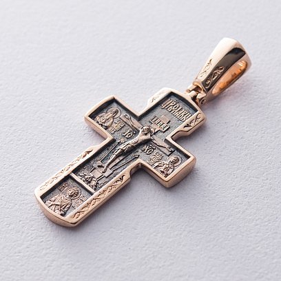 Золотой православный крестик "Распятие Христово. Деисус. Икона Божией Матери «Всецарица». Вмч. Пантелеимон" п02408