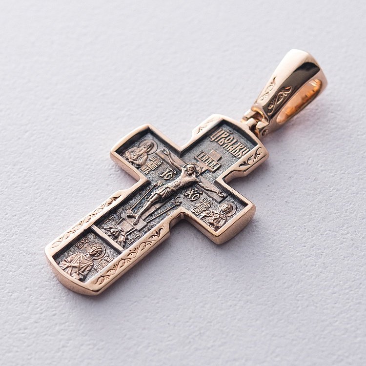 Золотой православный крестик "Распятие Христово. Деисус. Икона Божией Матери «Всецарица». Вмч. Пантелеимон" п02408 от ювелирного магазина Оникс