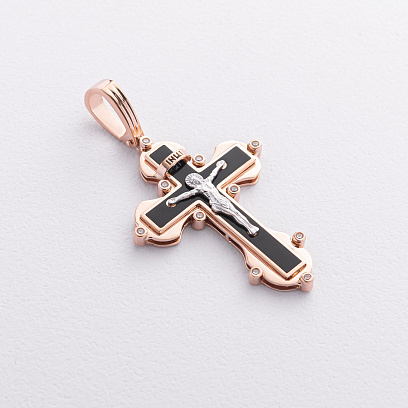 Золотий хрестик "Розп'яття. Спаси та Збережи" (фіаніти, емаль) 270057E