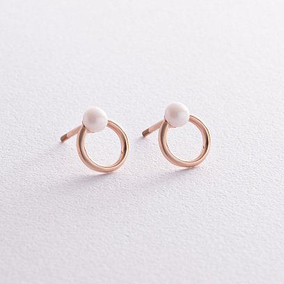 Серьги - пусеты "Круговорот" с жемчугом (красное золото) с08229