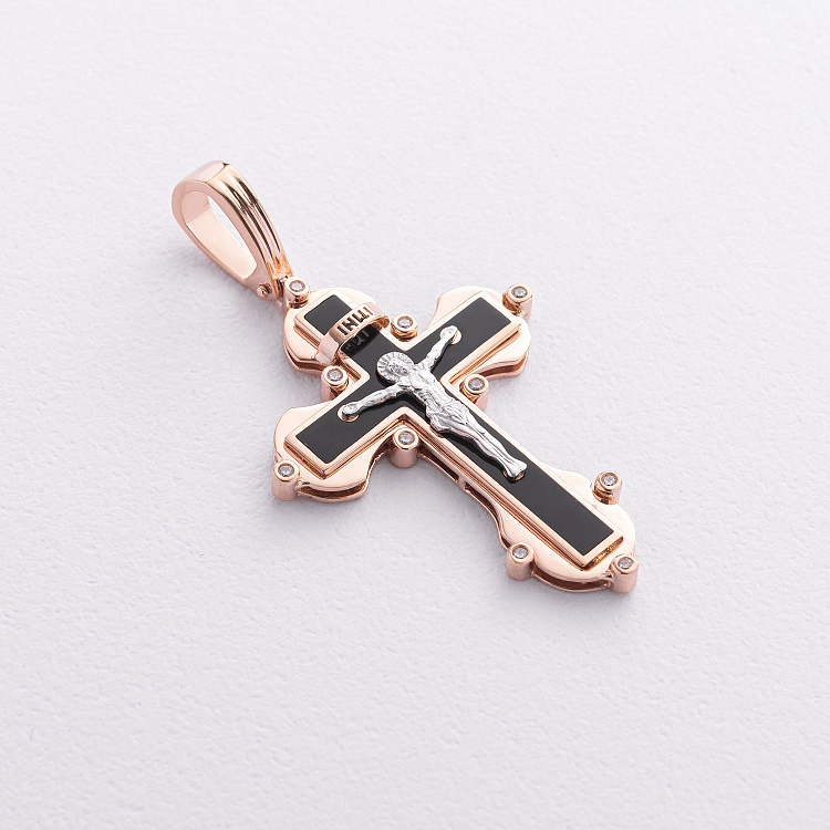 Золотий хрестик "Розп'яття. Спаси та Збережи" (фіаніти, емаль) 270057E від ювелірного магазину Онікс