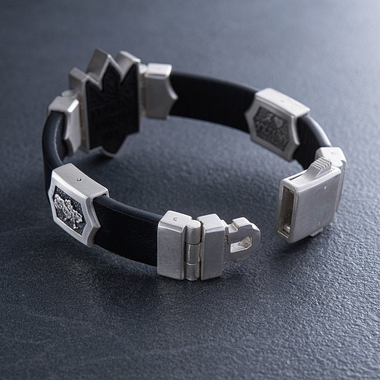 Мужской серебряный браслет "Герб Украины - Тризуб" (кожа, эбен) 1079 от ювелирного магазина Оникс - 5