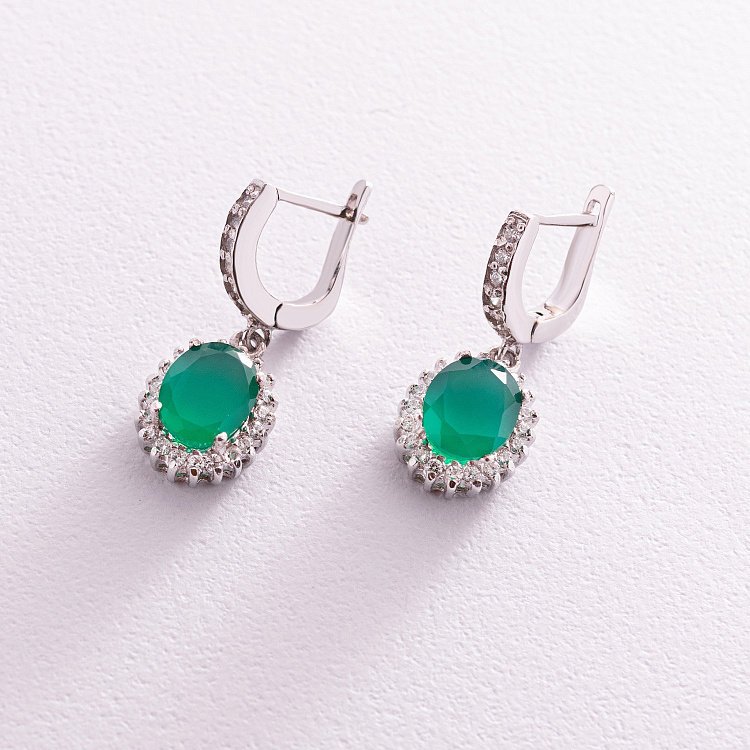 Серебряные серьги (хризопразы, фианиты) 121387 от ювелирного магазина Оникс