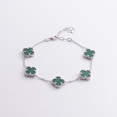 Срібний браслет "Конюшина" з малахітом 141780