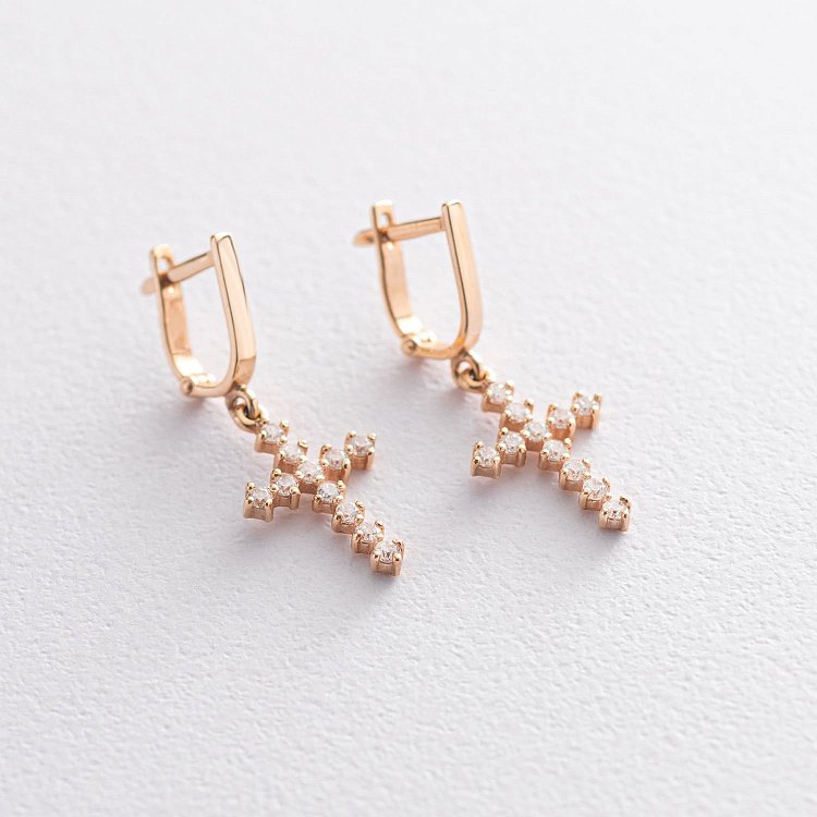 Золотые сережки "Крестики" с фианитами с02439 от ювелирного магазина Оникс - 2