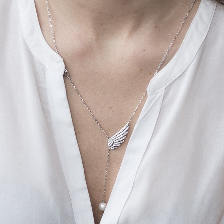 Срібне кольє "Крило з перлиною" (фіанітів) 18607 від ювелірного магазину Онікс - 1