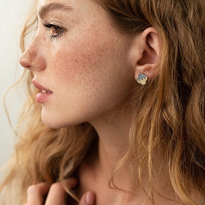 Серебряные серьги - пусеты "Клевер" (голубые и желтые камни) 544 №2