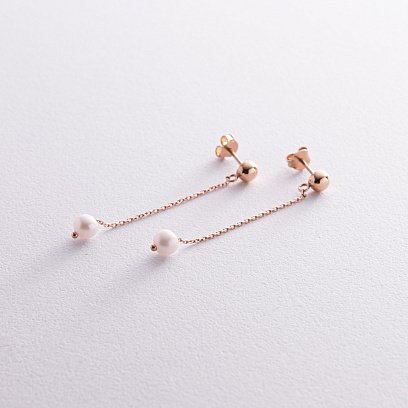 Серьги - пусеты "Жемчужина на цепочке" в красном золоте с08291 №3