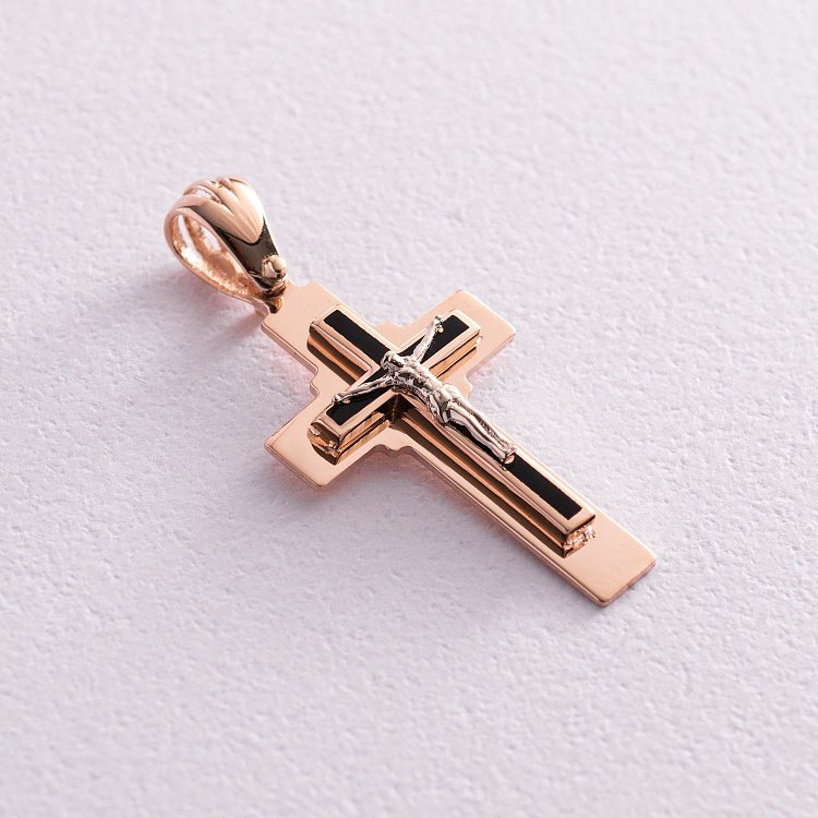 Золотой православный крестик "Распятие" с эмалью п03062 от ювелирного магазина Оникс