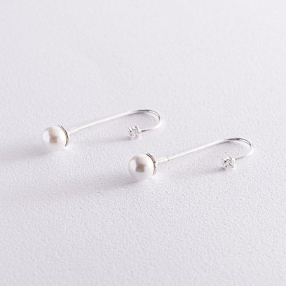 Срібні сережки жіночі (фіаніт, шт. перли) 121310 №4