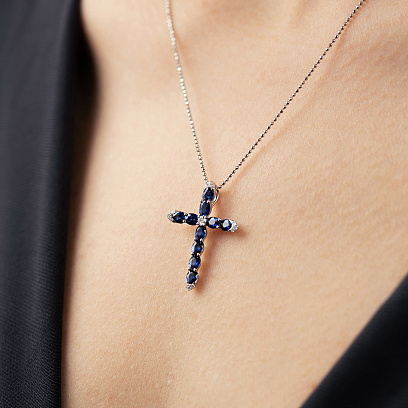 Хрестик у білому золоті (діаманти, сапфіри) пб0399lg №2