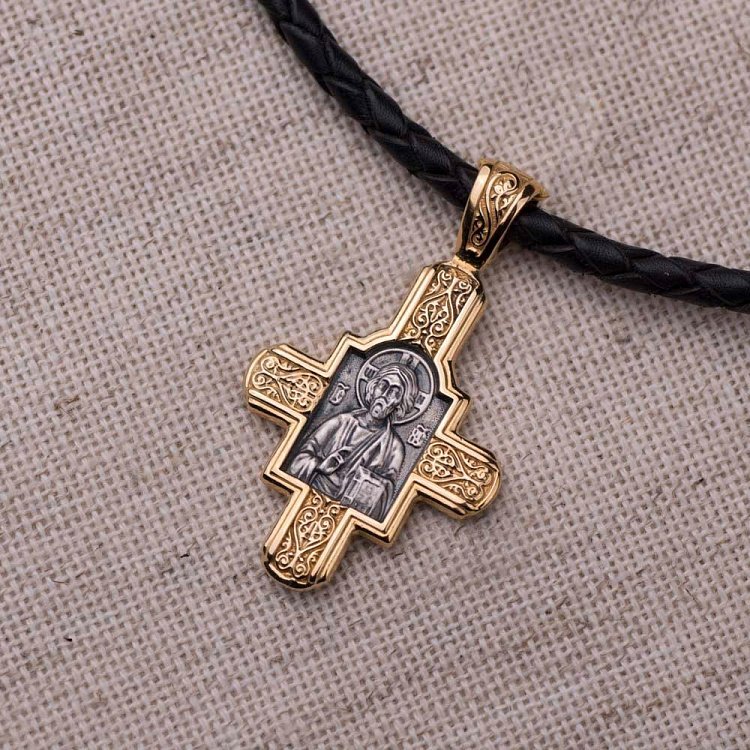 Серебряный крест с позолотой. '' Господь Вседержитель. Великомученик Пантелеимон Целитель" 132463 от ювелирного магазина Оникс - 5