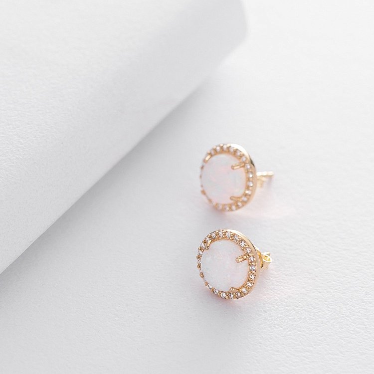 Золотые серьги-пусеты "Сияние" (им. опал, фианит) 10 мм с06327 от ювелирного магазина Оникс - 3