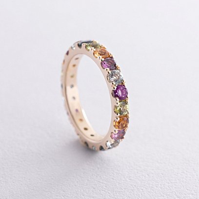 Золотое кольцо с дорожкой разноцветных натуральных камней к07617 №11