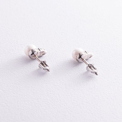 Сережки - пусети з перлами і фіанітами (біле золото) с07999 №3