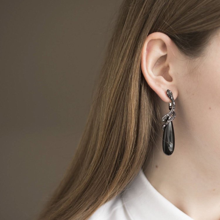 Золотые серьги "Змеи" (оникс, бриллиант) сб0249sth от ювелирного магазина Оникс - 2