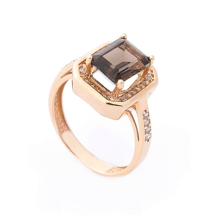 Золота каблучка (димчастий кварц, фіаніти) к03586 від ювелірного магазину Онікс