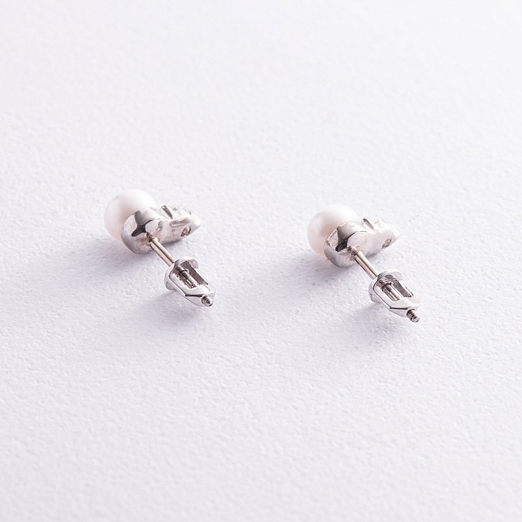 Сережки - пусети з перлами і фіанітами (біле золото) с07999 від ювелірного магазину Онікс - 2