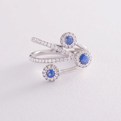 Золотое кольцо с синими сапфирами и бриллиантами к684