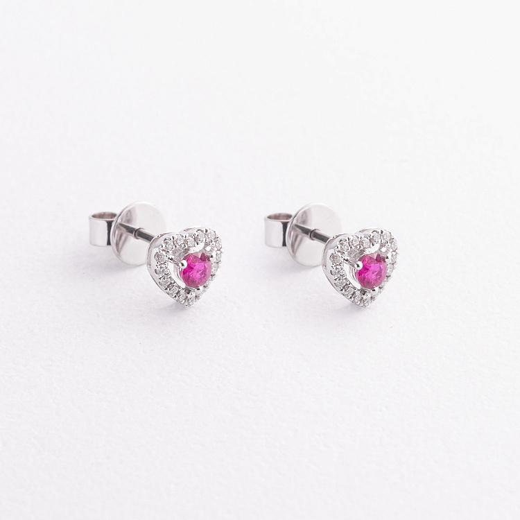 Золотые серьги - пусеты "Сердечки" (бриллианты, рубины) сб0628ca от ювелирного магазина Оникс - 1